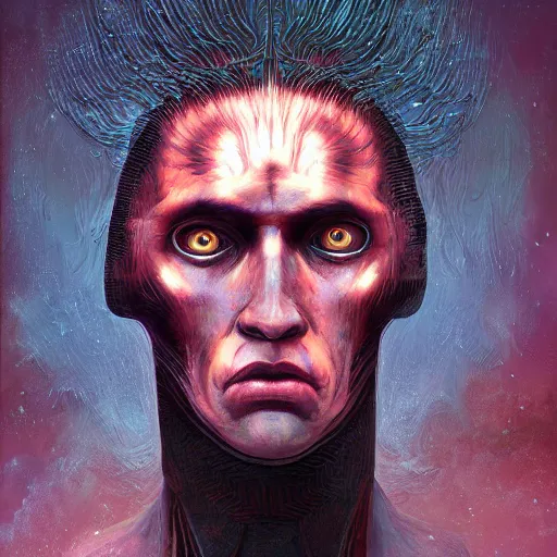 Image similar to scifi character portrait of man in the style of android jones and zdzislaw beksinski, 1 / 4 headshot.