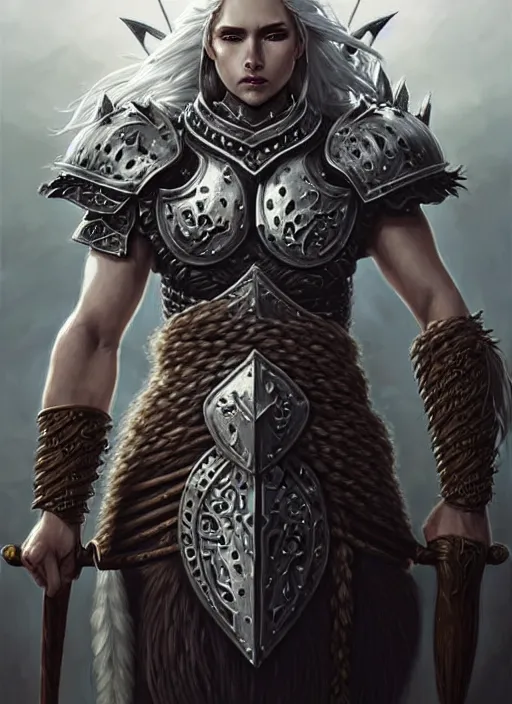 Image similar to barbarian, plated armor!!! long wild white hair!! covered chest!!! fantasy, d & d, intricate ornate details, digital painting, pretty face!!, symmetry, concept art, sharp focus, illustration, art by artgerm! greg rutkowski magali villeneuve wlop! ilya kuvshinov!!, octane render