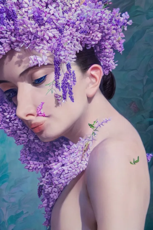 Prompt: hyperrealism close-up mythological portrait of a huge number of lavender flowers merged with female, turquoise palette, pale skin, wearing fuchsia silk robe, in style of classicism
