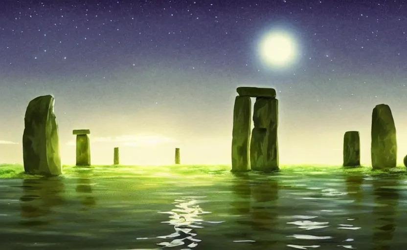 Image similar to a cell - shaded studio ghibli concept art of a ufo shining a spotlight on a caravan in a flooded stonehenge jungle on a misty starry night. very dull colors, hd, 4 k, hq