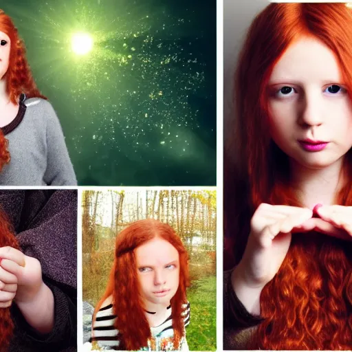 Image similar to a magic ginger hair teen girl casting magic spell