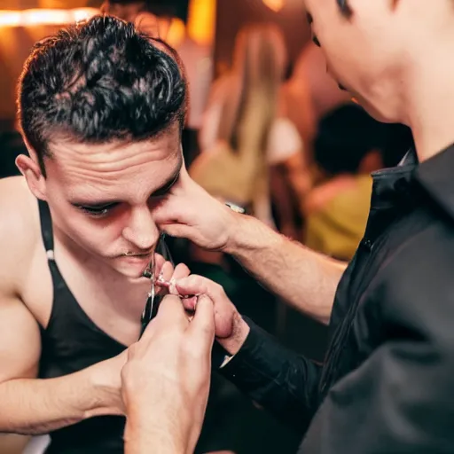 Prompt: photo boy being pricked by another person with a small needle in a nightclub