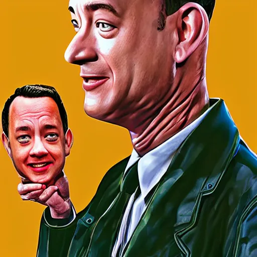 Image similar to Tom Hanks as forrest gump with giant shrimp heads instead of hands, digital art, photoreailstic, amazing detail