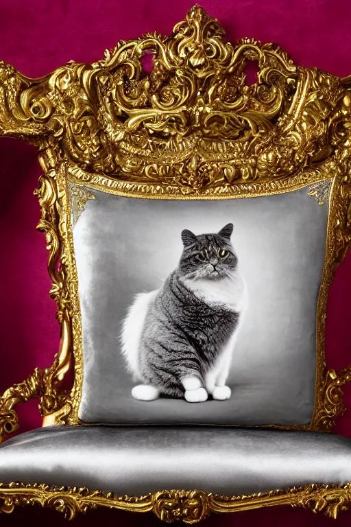 Image similar to a silver gelatin photo portrait of a magnificent fluffy fat royal cat on an embroidered velvet cushion on a neo - rococo gilded little bed, by david lachapelle, photorealistic, photography, wide shot