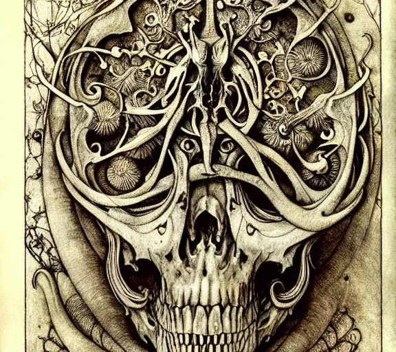 Image similar to memento mori by arthur rackham, art forms of nature by ernst haeckel, exquisitely detailed, art nouveau, gothic, ornately carved beautiful skull dominant, intricately carved antique bone, art nouveau botanicals, ornamental bone carvings, art forms of nature by ernst haeckel, horizontal symmetry, arthur rackham, ernst haeckel, symbolist, visionary