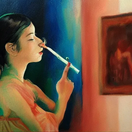 Prompt: a highly realistic painting of a girl smoking, in a movie of Wong Kar Wai, blue and green, beautiful, very beautiful, full of details, 4K