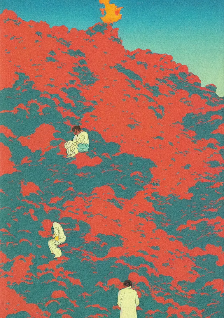 Prompt: a portrait of a man eating a paper blotter tab of LSD acid and melting into a psychedelic landscape, risograph by kawase hasui, moebius, Edward Hopper and James Gilleard, Zdzislaw Beksinski, Steven Outram colorful flat surreal design, hd, 8k, artstation