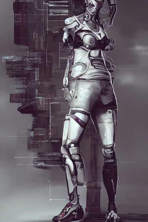 Image similar to body with head and feet and shoes and hands, cyberpunk, female character, beautiful head, nice legs, concept art, artstation, intricate details, dramatic lighting