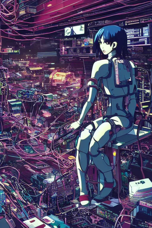 Image similar to cyberpunk anime style illustration of an android girl seated on the floor in a tech labor, seen from behind with her back open showing a complex mess of cables and wires, by masamune shirow, mamoru oshii and katsuhiro otomo, studio ghibli color scheme