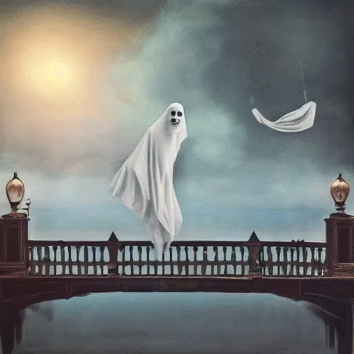 Image similar to surreal ominous bedsheet ghost floating above a bridge, oil painting, gloomy misty atmosphere, symmetrical, full body image, highly ornate intricate details,