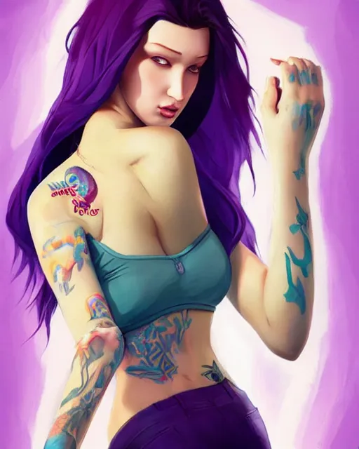 Image similar to beautiful Bella Hadid purple hair tattoos symmetrical face eyes full body fantasy art icon, 3d art gta5 cover, official fanart behance hd artstation by Jesper Ejsing, by RHADS, Makoto Shinkai and Lois van baarle, ilya kuvshinov, rossdraws