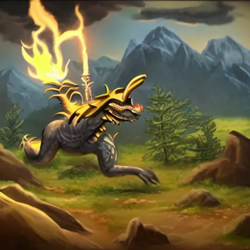 Image similar to a silver dragon wearing jackpack throwing a bomb into the mountain