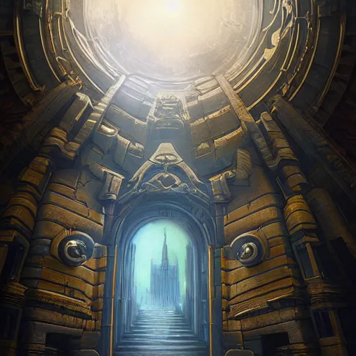 Image similar to carved futuristic door at the end of ancient ornate steps shows a large window to a city detailing the vast architectural scientific ancient and cultural acheivements of humankind, magical atmosphere, renato muccillo, jorge jacinto, andreas rocha, damian kryzwonos, ede laszlo, christian reiske, highly detailed digital art, cinematic blue and gold