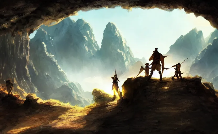 Prompt: adventurers in front of a dark cave, sunny, fantasy art, epic, 4 k