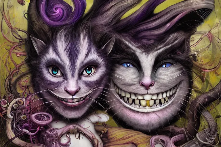 Prompt: dream portrait of Cheshire Cat from Alice in Wonderland,full character, melting ,8k,by tristan eaton,Stanley Artgermm,Tom Bagshaw,Greg Rutkowski,Carne Griffiths, Ayami Kojima, Beksinski, Giger,trending on DeviantArt,face enhance,hyper detailed,minimalist,horror, android, full of colour