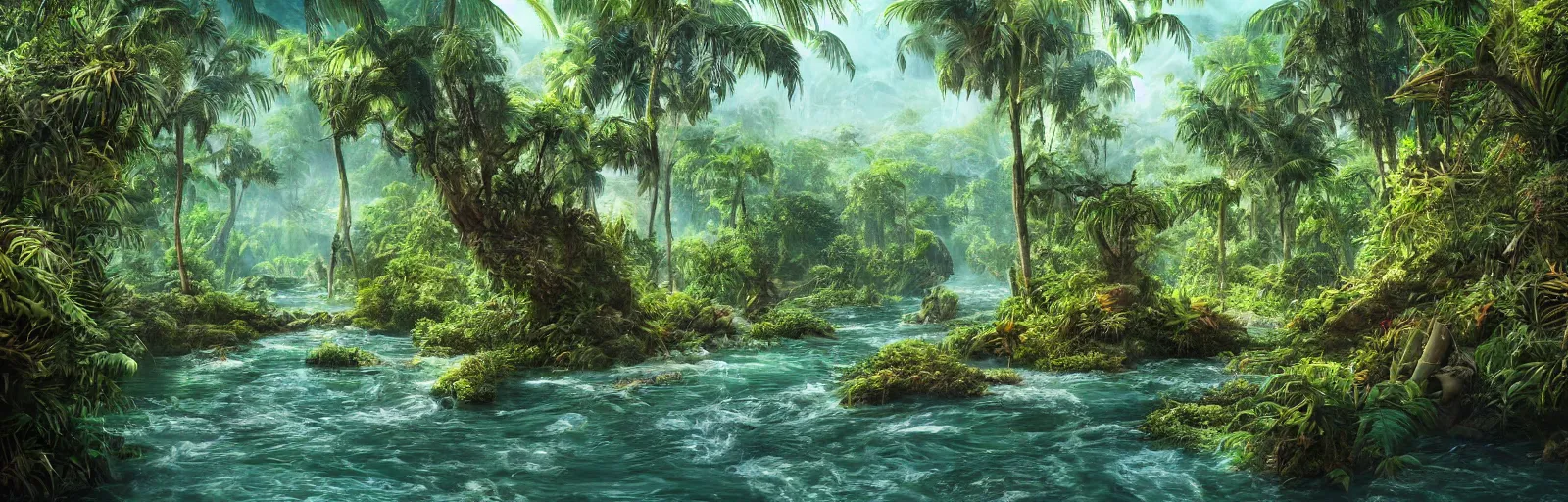 Image similar to painting of a jungle river!! scene on an alien planet by vincent bons. ultra sharp high quality digital render. detailed. beautiful landscape. weird vegetation. water.