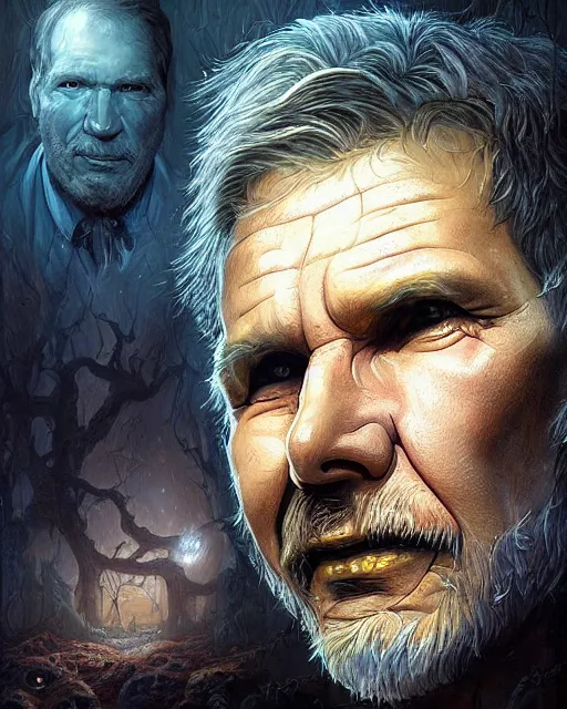 Prompt: lovecraft biopunk portrait of harrison ford by tomasz alen kopera and peter mohrbacher.