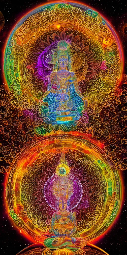 Image similar to rainbowcore, golden buddha glowing, surrounded by lotus, with the sun shining with the moon, with detailed mandala filled with fractals, bioluminescence, glowing runes, de-noise, symmetrical composition, high detailed, ornate border, 8k, vray,