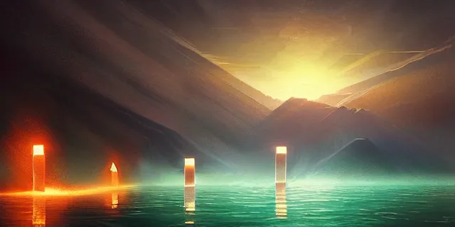 Image similar to beautiful concept art of glowing cubes in the middle of lake baikal, atmospheric lighting, intricate, volumetric lighting, beautiful, sharp focus, ultra detailed, in the art style of marc simonetti and brom gerald, astrophotography