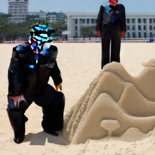 Image similar to kim jong un building sandcastle at the beach