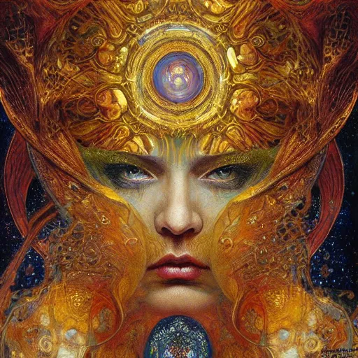 Image similar to Divine Chaos Engine by Karol Bak, Jean Deville, Gustav Klimt, and Vincent Van Gogh, beautiful visionary mystical portrait, sacred, otherworldly, fractal structures, ornate gilded medieval icon, third eye, spirals