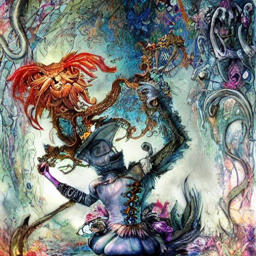 Prompt: alice in wonderland tripping on ayahuasca, intricate detail, painting, royo, frazetta, whealan,