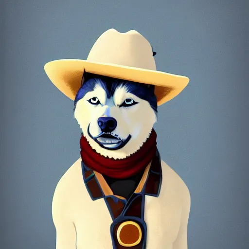 Image similar to a portrait painting of a husky in cowboy costume, wearing a cowboy hat, by studio ghibli, in the style of anime, humanoid, personify, anthropomorphic, trending on artstation