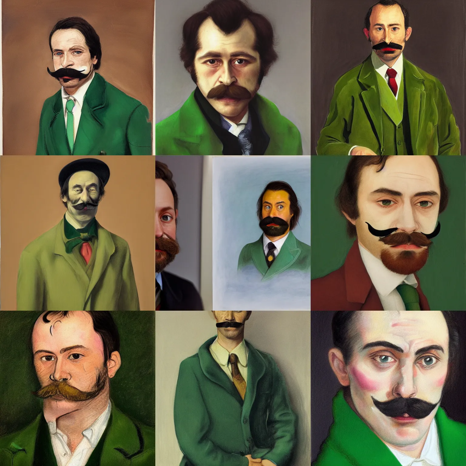 Prompt: portrait of a melancholy detective wearing a 1970s green blazer with a tapered collar, mutton chops and a moustache, looking soulfully at the camera and grinning with bloodshot eyes, 44 years old mature caucasian male in the style of Jenny Saville, Alex Kanevsky, Wassily Kandinsky, Ilya Repin, expressive portrait, videogame avatar