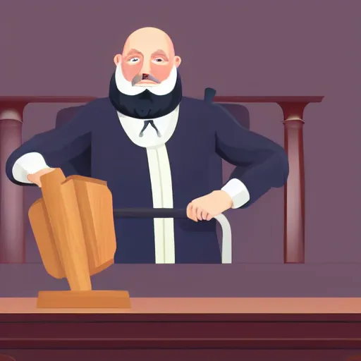 Image similar to a bald judge with bid white beard slams his gavel on the desk, illustration, realistic, 8 k, atmospheric