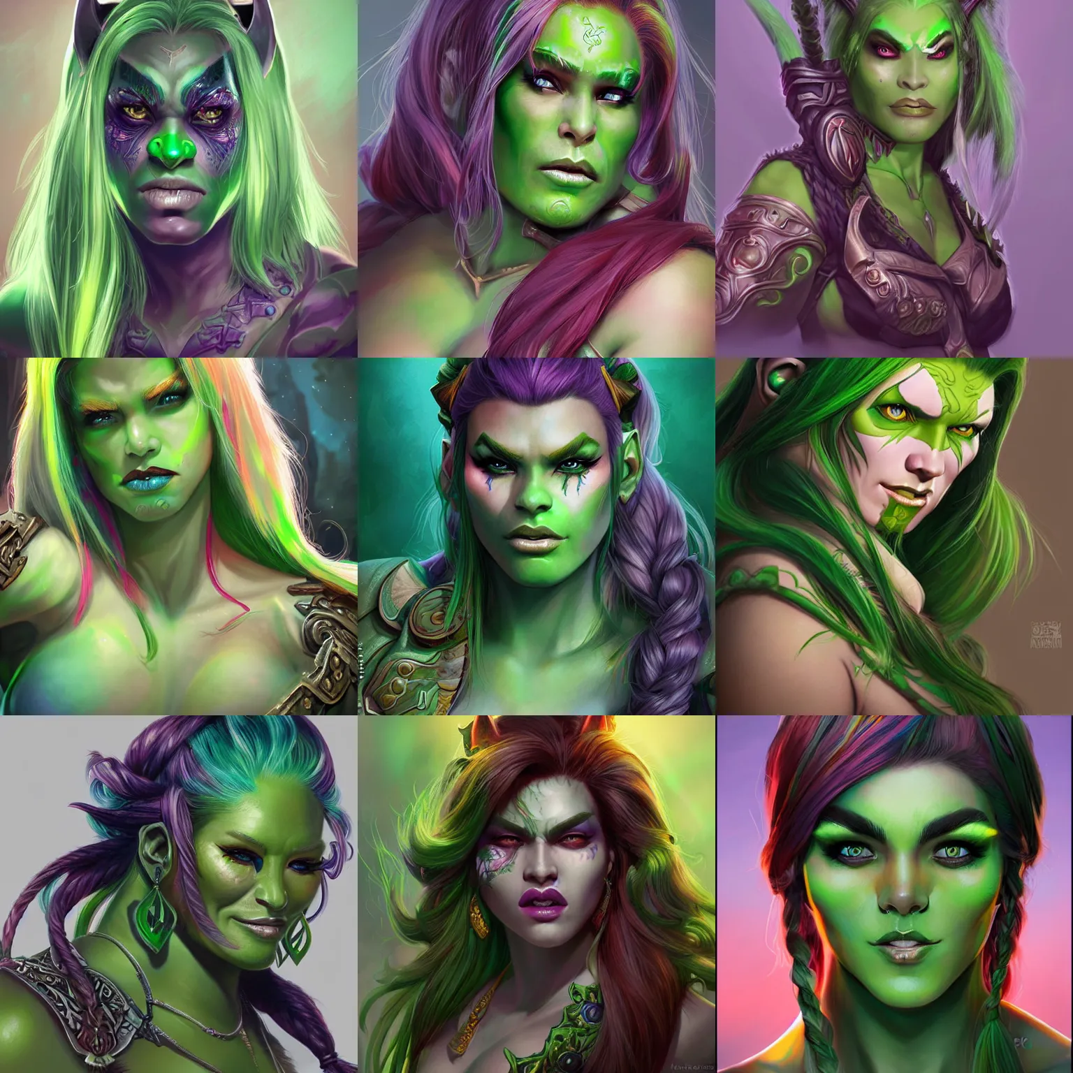 Prompt: beautiful glamorous greenskin orc girl with multicolored - rainbow hair character world of warcraft portrait, concept art, intricate details, highly detailed photorealistic portrait in the style of adam hughes, seseon yoon, artgerm and warren louw