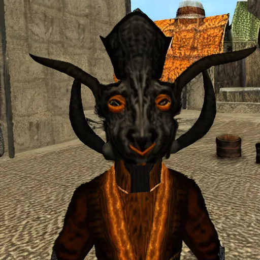 Image similar to an anthropomorphic black goat wizard in morrowind, screenshot