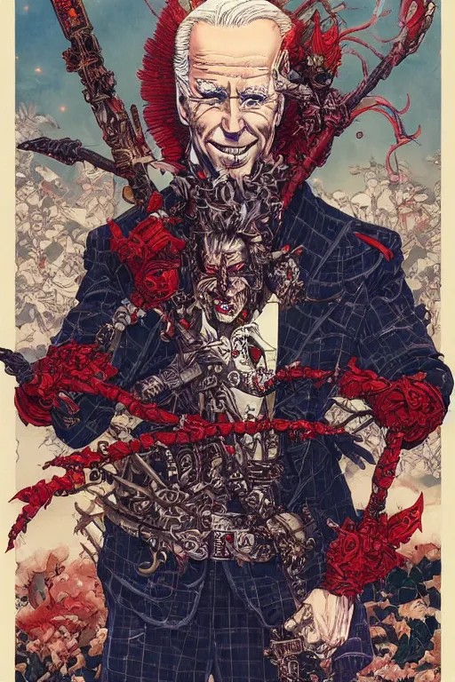 Prompt: joe biden dressed like a midevil jester, by yoichi hatakenaka, masamune shirow, josan gonzales and dan mumford, ayami kojima, takato yamamoto, barclay shaw, karol bak, yukito kishiro, hyperdetailed, trending on artstation