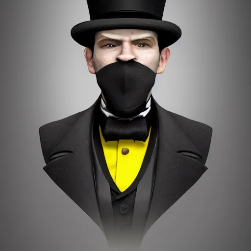 Image similar to a highly detailed portrait of a man in a high top hat covering his face, in a black tailcoat with a yellow waistcoat under the tailcoat, artstation, deviantart, professional, unreal engine 5, photorealistic