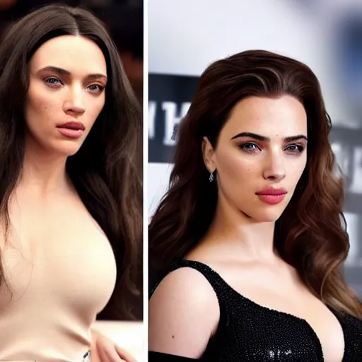 Image similar to a woman who is a genetic combination of kim kardashian and kat dennings and scarlett johansson and margot robbie and emma watson, face and upper - body focus, detailed eyes