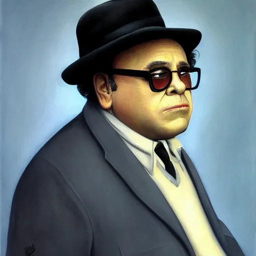 Image similar to Danny Devito as a cab driver by Raphael, Hopper, and Rene Magritte. detailed, romantic, enchanting, trending on artstation.