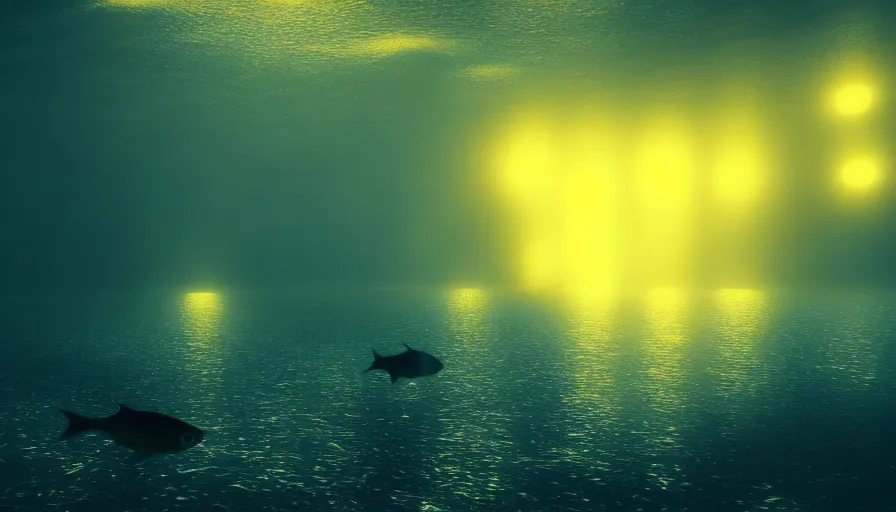 Prompt: a city underwater, landscape shot, small fish swimming around, yellow lights, by jmw turner, cold colors, highly detailed, moody lighting, octane render, 4 k, 8 k, ultrarealistic