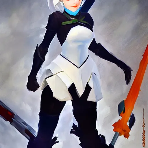 Prompt: greg manchess portrait painting of the rwby weiss schnee as overwatch character, medium shot, asymmetrical, profile picture, organic painting, sunny day, matte painting, bold shapes, hard edges, street art, trending on artstation, by huang guangjian and gil elvgren and sachin teng