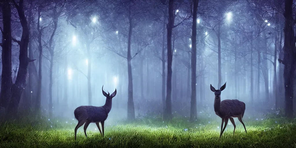 Image similar to a single deer in an ethereal electronic forest made from glowing circuits and electronics, highly detailed concept art, cinematic framing, 3 d, dark, moody, led