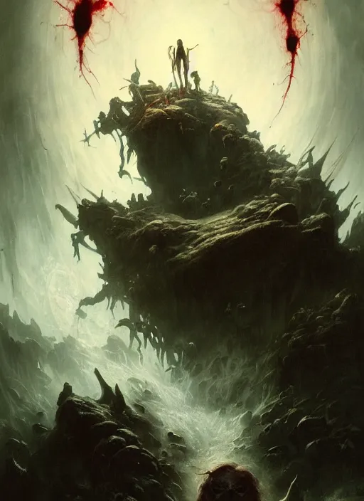 Image similar to shackled in styx river of the underworld, frank frank frazetta and cgsociety, stunning sasquatch, blood splatters, charlie bowater and tom bagshaw, insanely detailed, deviantart, space art, atoms surrounded by skulls, death, and spirits flying, water fall, horror, sci - fi, surrealist painting, by peter mohrbacher