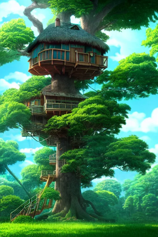 Image similar to treehouse, studio ghibli, octane render, 4 k