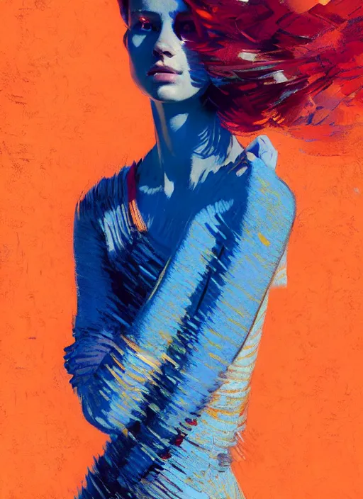 Prompt: portrait of a beautiful girl, redhead, shades of blue, warm colors, beautiful face, rule of thirds, intricate outfit, spotlight, by greg rutkowski, by jeremy mann, by francoise nielly, by van gogh, digital painting