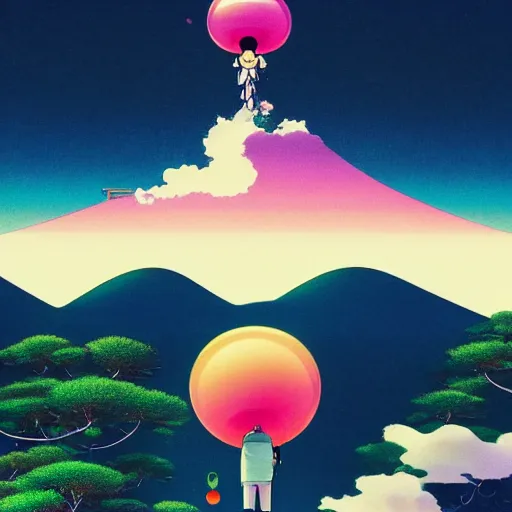 Image similar to a man walking on clouds away from the camera above kyoto by takashi murakami, beeple and james jean, aya takano color style, 4 k, super detailed, modern, 4 k, symmetrical