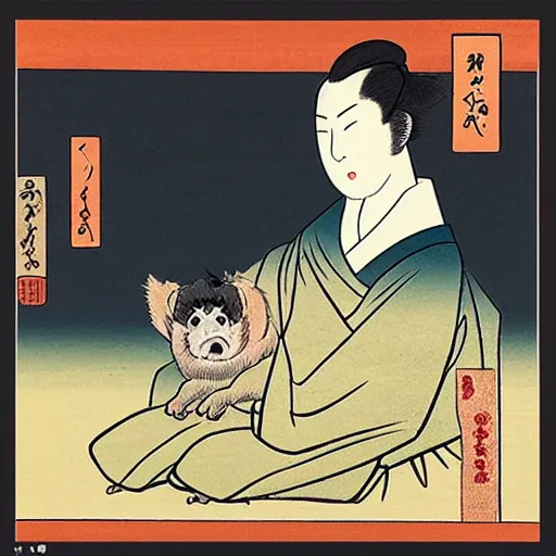 Prompt: twitch streamer forsen and his dog peppah in Ukiyo-e style, rule of thirds