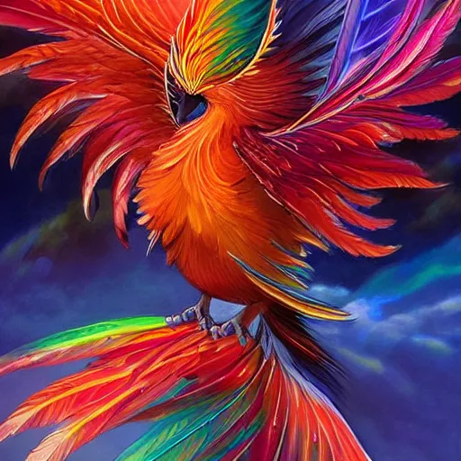 Image similar to cute flying chinese phoenix, sparkling bird eyes, embers in her bird eyes, shining rainbow feathers, sharp features, flowing fiery multicolor feathers, highly detailed, digital painting, artstation, concept art, smooth, sharp focus, beautiful rainbow feathers, expressive eyes, illustration, phoenix art by Artgerm and greg rutkowski