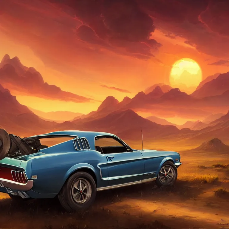 Prompt: long shot camera angle of a 1 9 6 8 mustang driving down a country road landscape, coriolios rpg art style, full of details, warm sunset colors, matte painting, artstation, 8 k, hyperrealistic, style of peter mohrbacher, album cover