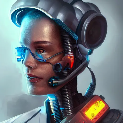 Image similar to portrait of cyborg scientist by jama jurabaev, cyberpunk, extremely detailed, trending on artstation, high quality, brush stroke