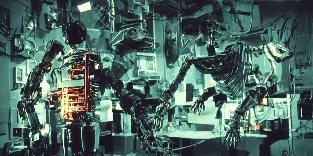 Prompt: movie still 35mm film photograph a screaming and angry dangerous shape mechanical creature, with multiple sharp, leaking pistons, robot skulls and blades protruding from its lower torso inside of a 1970s science lab, neon lights, dirty, ektachrome photograph, volumetric lighting, f8 aperture, cinematic Eastman 5384 film