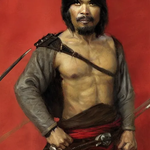 Image similar to a medieval bandit, asian male with stubble, athletic, gearing up for battle, candid, red accents, fantasy character portrait by gaston bussiere, craig mullins