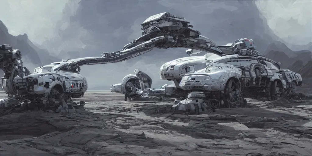 Prompt: highly detailed robotic vehicle in a scifi landscape by feng zhu, perfect geometry, hyper - detailed, sharp, beautiful, desaturated, oil on canvas