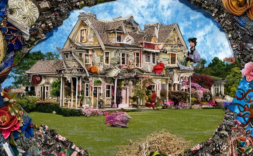 Image similar to hyperdetailed home, seen from the distance. along a maximalist river made of paper and unexpected interesting elaborate fabric elements. 8 x 1 6 k hd mixed media 3 d collage in the style of a childrenbook illustration in soft natural tones. matte background no frame hd